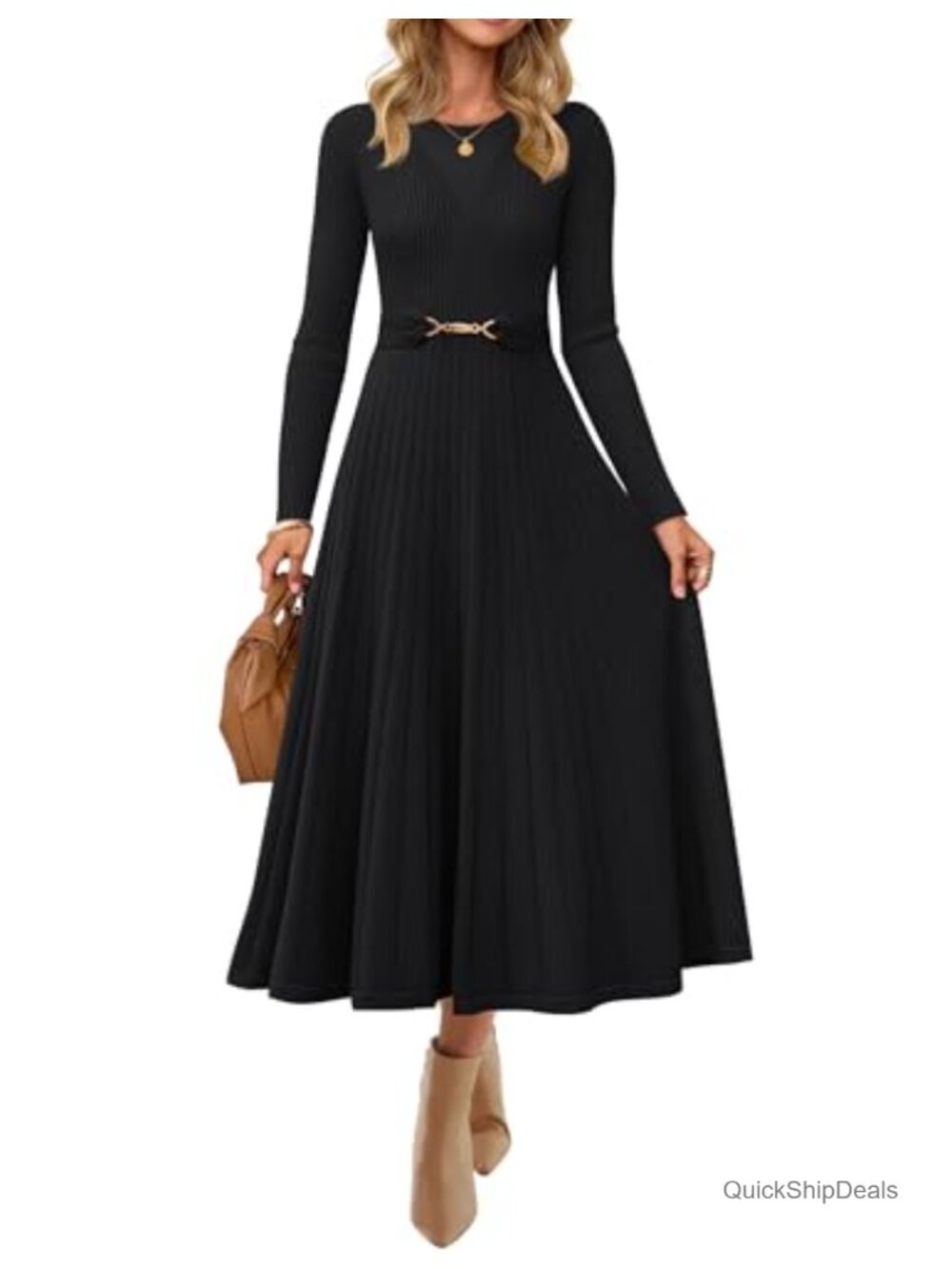 Long Sleeve Pleated Midi Sweater Dress with Belt